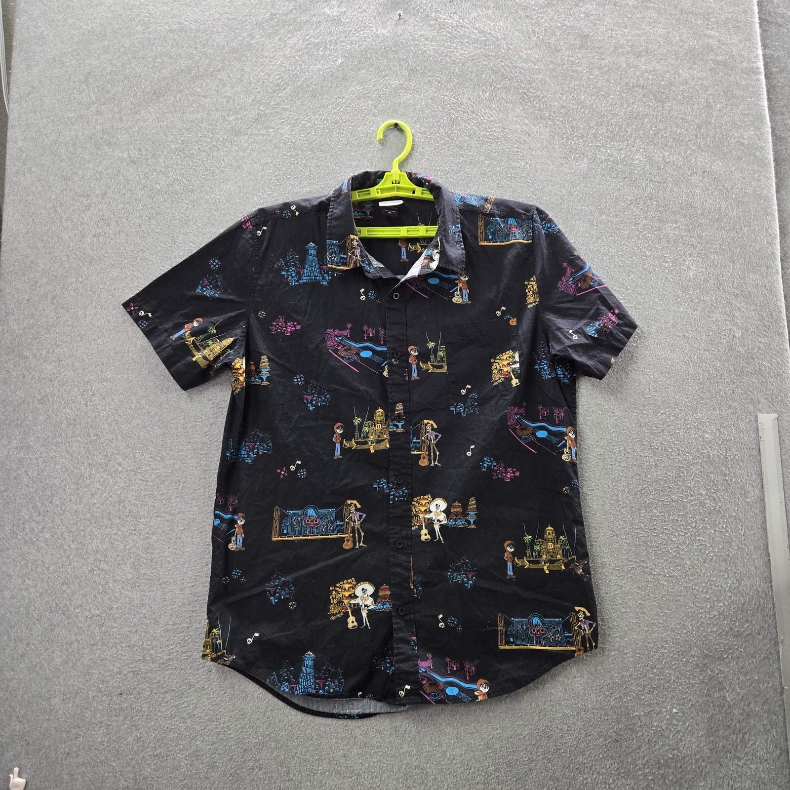 Pixar Men Button Up Shirt Xl Black Graphic Characters Castle Casual